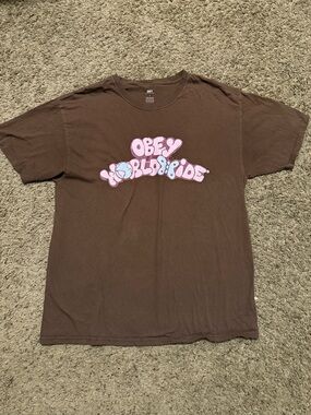Obey Brown Graphic Tee with Pink Logo - Men